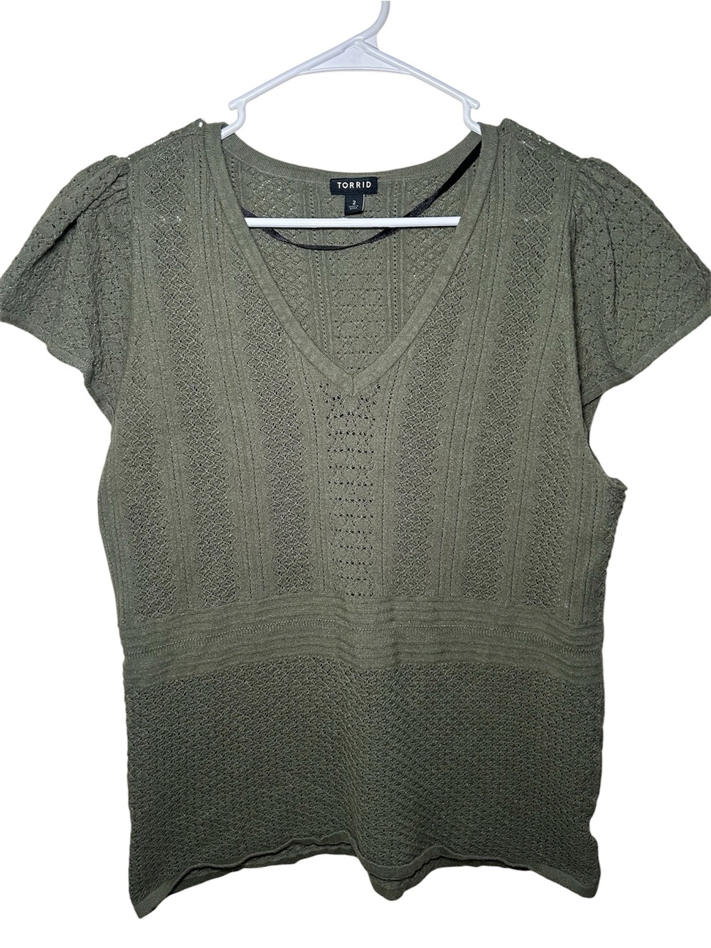 Torrid Olive Textured Knit V-Neck Short Sleeve Top Casual Fall Country Western